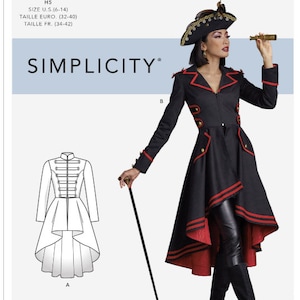 May include: A Simplicity sewing pattern for a costume, featuring a black and red jacket with a high-low hemline, and a black hat with gold trim. The pattern number is S9086.