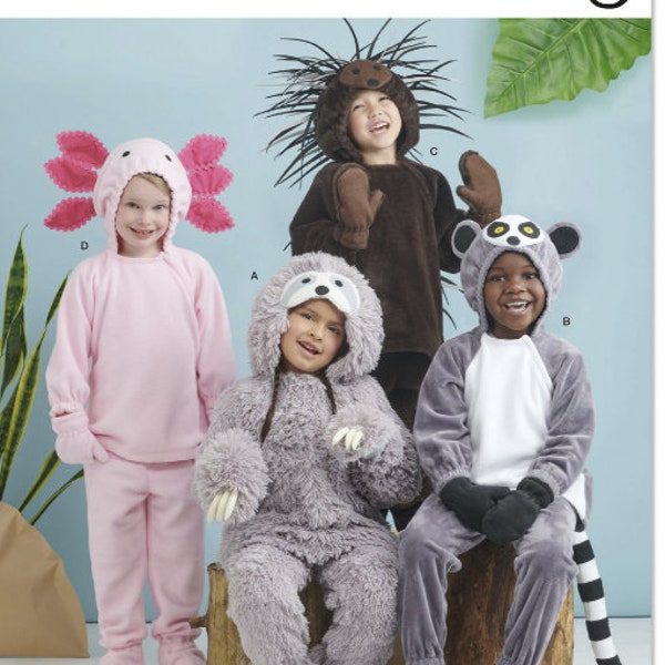 Sewing Pattern for Childs Size 3 to 8 Animal Costumes, Simplicity S9842, NEW Pattern, Lemur, Sloth, Porcupine and Axoloti