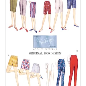May include: A vintage sewing pattern for shorts and pants. The pattern includes 10 different styles, including plaid, striped, floral, and solid colors. The pattern is from Vogue Patterns and is labeled "Original 1960 Design". The pattern number is V9189.