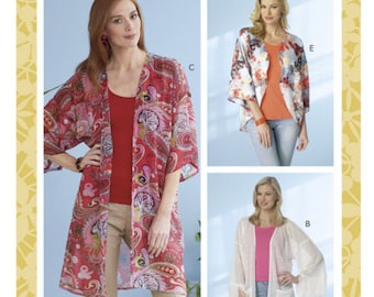 May include: A sewing pattern for a long, open-front cardigan with a paisley print, a white mesh cardigan, and a floral print cardigan. The pattern is from Butterick and is size Y (XSM-SML-MED).