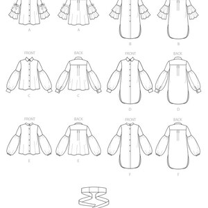 May include: Line drawing sewing pattern for a blouse with different sleeve and hemline variations. The pattern includes five different views: A, B, C, D, E, and F. The pattern also includes a separate view for a tie belt labeled "B-D".