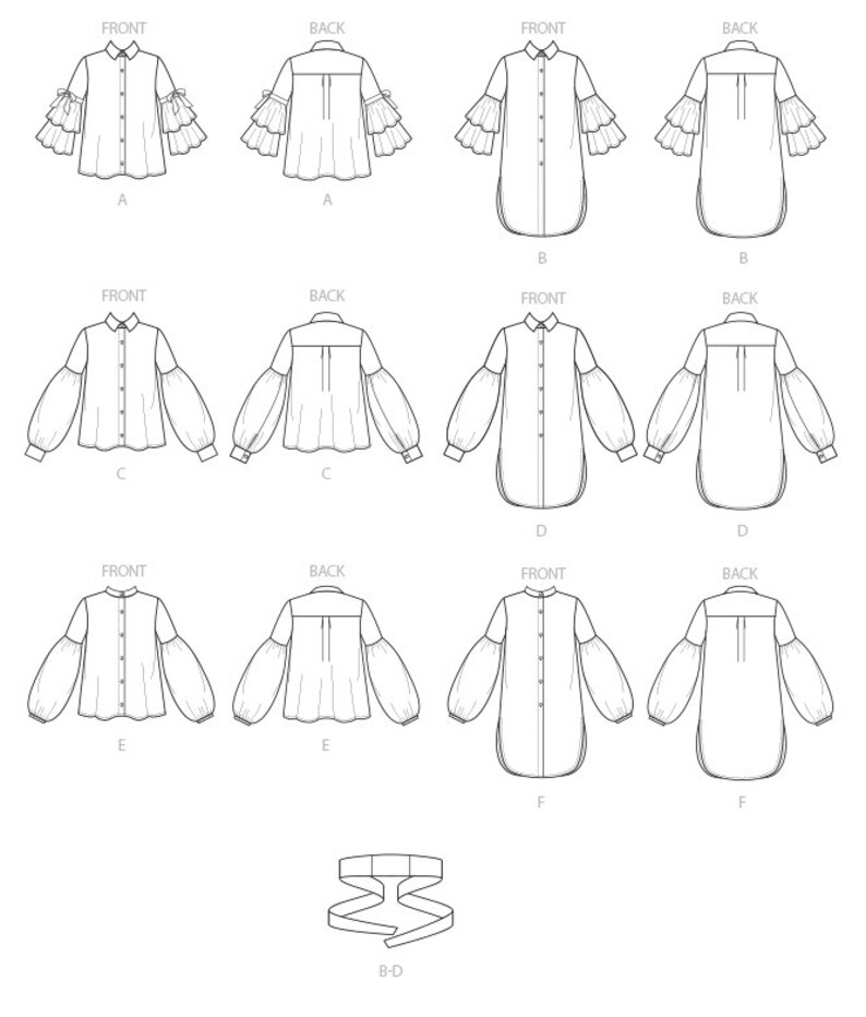 May include: Line drawing sewing pattern for a blouse with different sleeve and hemline variations. The pattern includes five different views: A, B, C, D, E, and F. The pattern also includes a separate view for a tie belt labeled "B-D".