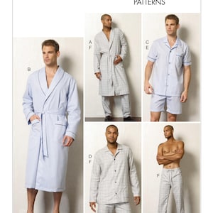 May include: A sewing pattern for men's sleepwear, featuring four different styles: a robe, a short-sleeved pajama top and shorts, a long-sleeved pajama top and pants, and a pair of pajama pants. The pattern is from Vogue Patterns and is labeled V8964.