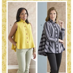 May include: A sewing pattern for a women's blouse with two different styles. The first style is a sleeveless yellow blouse with a ruffled collar and buttons down the front. The second style is a long-sleeved gray and white striped blouse with a collar and buttons down the front. The pattern is from Butterick and is size B5 (8-10-12-14-16).