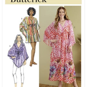 May include: Butterick B6900 sewing pattern featuring three different caftan and poncho designs. The illustrations show a variety of styles, including a striped caftan, a purple poncho, and a floral print caftan dress. The pattern is designed and printed in the USA.