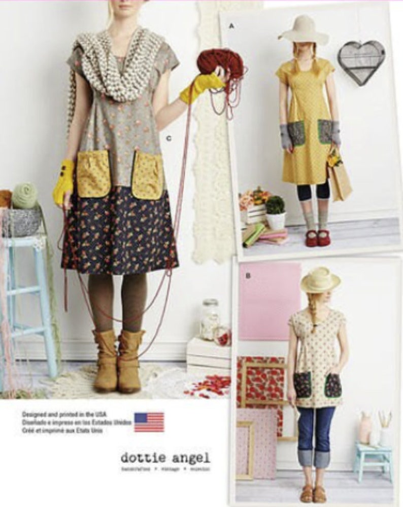 May include: A collage of three dresses. One is grey with floral pockets and a navy floral skirt. Another is yellow with grey pockets. The third is beige with black floral pockets. The dresses are from the brand "dottie angel".