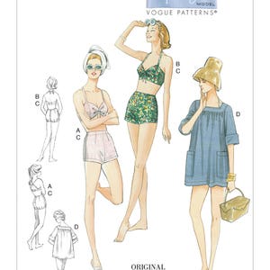 Sewing Pattern for Misses' HALTER BRA & SHORTS w/Square Neck Cover-up, Vintage 1960 Style, New Vogue Pattern 9255, Womens Vintage Swimsuit