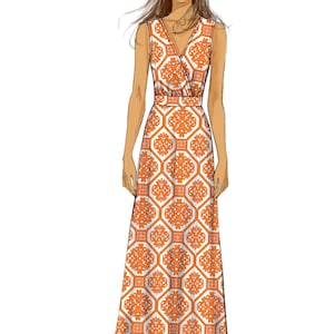 May include: A sleeveless maxi dress with a V-neckline and a geometric pattern in orange and white.