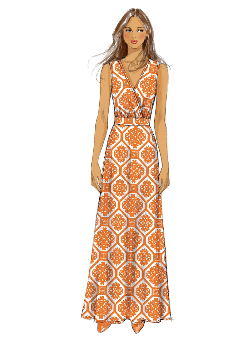May include: A sleeveless maxi dress with a V-neckline and a geometric pattern in orange and white.
