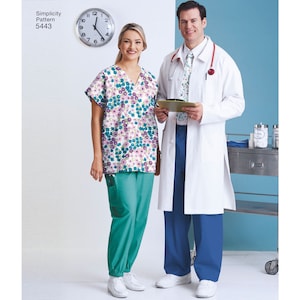 May include: Two people wearing medical scrubs. A woman is wearing a white top with a floral pattern and teal pants. A man is wearing a white lab coat over a blue shirt and teal pants. The man is holding a clipboard. Simplicity Pattern 5443 is visible in the top left corner of the image.