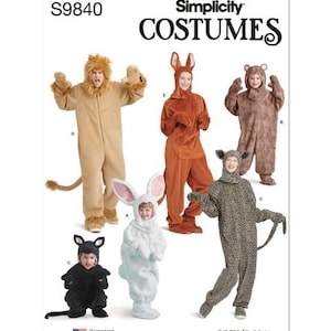 May include: Simplicity S9840 sewing pattern for animal costumes. The package displays six full-body jumpsuits with hoods, including a lion, kangaroo, bear, rabbit, leopard, and a black cat. Each costume features plush fabric, ears, and tails.