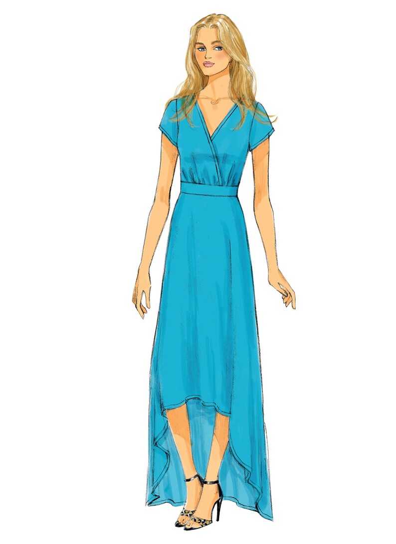 May include: A blue maxi dress with a high-low hemline and a wrap-style bodice. The dress has short sleeves and a V-neckline.