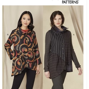 May include: Vogue Patterns sewing pattern featuring two jacket designs. One jacket has a black background with orange and brown circular patterns. The other jacket has a gray and black striped and dotted design. The pattern is designed and printed in the USA.