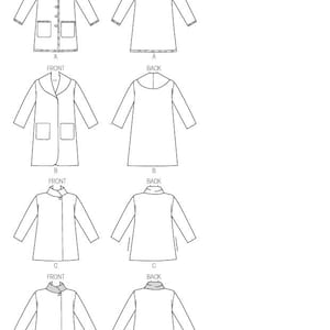 May include: Line drawing of four different coat designs, labeled A, B, C, and D. Each design has a front and back view. The coats have different collar styles, pockets, and lengths.