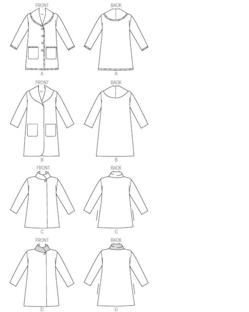 May include: Line drawing of four different coat designs, labeled A, B, C, and D. Each design has a front and back view. The coats have different collar styles, pockets, and lengths.