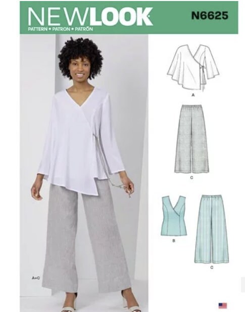 Sewing Pattern for Womens Tops And Pull On Pants, New Look Pattern 6625, New Pattern, Trendy Styles, Womens Wide Leg Pants and Two Tops