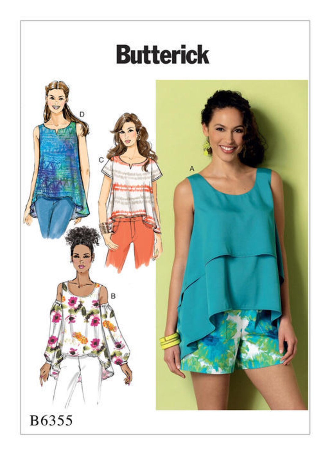 Patrón de costura para blusas de mujer de doble capa, con hombros  descubiertos o escote pronunciado, patrón Butterick B6355, tallas 6-26,  blusas con