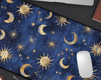 Blue Gold Celestial Mousepad Sun Moon Stars Cosmic Cottage Core Mouse Pad Large MTG playmat Keyboard Desk Pad Work Game Office Home Mat