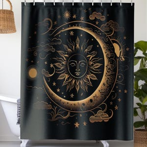 Celestial Sun and Moon Shower Curtain Boho Black and Gold Dark Cottagecore Bathroom Shower Whimsical Decor Gift for Her Whisigoth Dorm Room