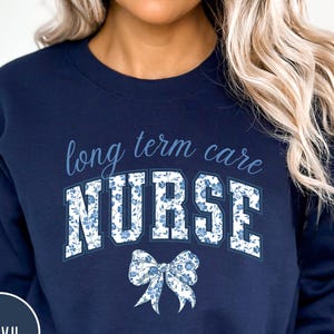 Long Term Care Nurse Sweatshirt Blue Toile Bow Sweater Cute RN Shirt Nurse ltc Nurse Pullover Elder Care Nurse Apparel Geriatric Nurse Gift