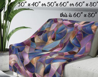 Purple Blue Mosaic Sherpa Fleece Blanket Abstract Throw Aesthetic Home Decor Gift for Baby Shower Housewarming