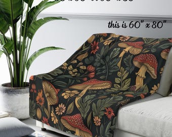 Retro Mushroom Botanical Sherpa Fleece Blanket Forest Core Cozy Cottagecore Floral Throw Home Decor Housewarming Gift Hygee