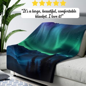 Aurora Borealis Sherpa Fleece Blanket Northern Lights Mountains Trees Throw Aesthetic Home Decor Alaska PNW Lover Housewarming Gift Hiking