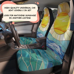 May include: Car seat covers with a stained-glass design featuring a yellow sun, blue waves, and green geometric shapes. The covers are in a car interior. Text on the image reads: HIGH-QUALITY UNIVERSAL CAR SEAT COVERS 2 IN SET LOOK FOR MATCHING SUNSHADE IN ANOTHER LISTING.