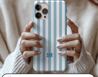 Capa de celular personalizada azul estilo preppy com monograma personalizado, capa magnética resistente para iPhone 17, 16, 15, 14, presente de impacto MagSafe, estética, listrada azul
