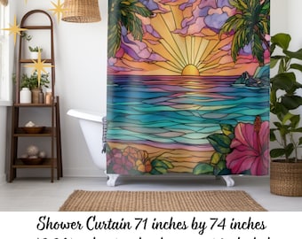 Cortina de ducha de playa tropical con aspecto de vitral, diseño de baño playero, decoración para amantes de la naturaleza, costa oceánica playera