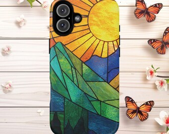 Mountain Sunrise Faux Stained Glass Print Tough Magnetic Phone Cases IPhone 17, 16, 15, 14 Sun Faux Stain Glass MagSafe Casing Gift for Her