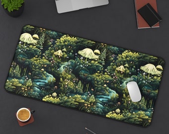 Whimsical Garden Desk Mat, Emerald Mushroom Forest Mouse Pad, Cottage Core XL Gaming Mouse Pad, Cottage Core Keyboard Mouse Pad