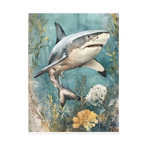 Shark Print Vintage Nautical Decor Beach House Decor Vintage Room Art Marine Biology Poster Bathroom Art Sea Life Wall Art