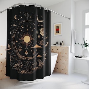 Celestial Moon Shower Curtain Moon Phase Shower Curtain Black and Gold Cottagecore Shower Curtain Whimsical Decor Shower Decor Gift for Her
