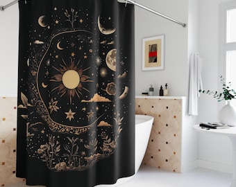 Celestial Moon Shower Curtain Moon Phase Shower Curtain Black and Gold Cottagecore Shower Curtain Whimsical Decor Shower Decor Gift for Her