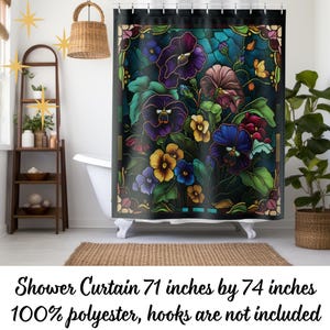 Pansy Shower Curtain Fabric Matching Bathmat Stain Glass Art Deco Bathroom Decor Gift for Her Nature Lover Botanical Bathroom Decor Bathmat
