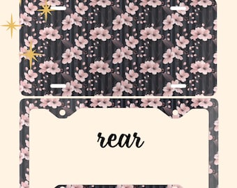 Cherry Blossom Metal License Plate Frame Car Decor Sakura Pink Floral on Black Cottagecore Flower New Car Accessories Gift Driver Car Decor