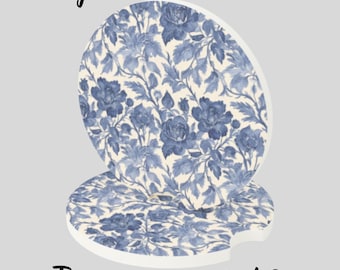 Posavasos azul para coche (1 unidad o juego de 2). Regalo único para amantes de la estética vintage, elegante y floral. Accesorios para el interior del coche. Posavasos de esteatita.
