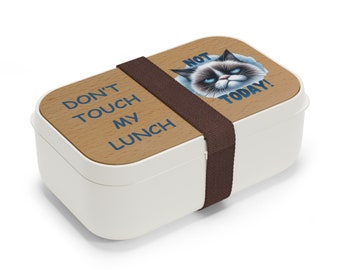 Funny Bento Box Funny Grumpy Cat "Do Not Touch My Lunch Not Today" Graphic Lunch Container Printed Wooden Lid, Cute Bento Box Set Adults Fun