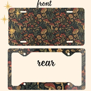 May include: License plate and frame with a dark background, patterned with mushrooms, flowers, and foliage in red, orange, and green. The words "front" and "rear" are written on the image. The design is suitable for a car.