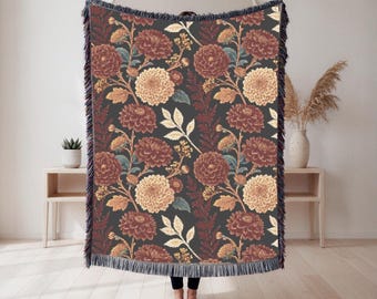 Moody Fall Botanical Woven Blanket Cozy Vintage Style Botanical Throw Dark Cottage Core Autumn Floral Home Decor Housewarming Gift Artistic