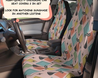 Mid Century Modern Atomic Cat Car Seat Covers (2 pcs), Retro High-Quality Fabric MCM Car Accessory, New Car Gift for Pair Universal