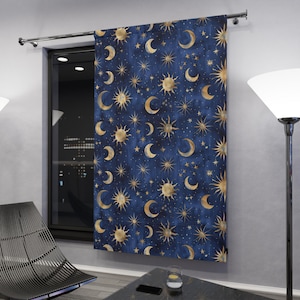 Celestial Sun and Moon Curtain Panel Gold & Navy Sun Moon Stars  Window Curtain Panel Cosmic Boho Art Deco Home Decor Housewarming Gift