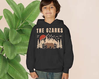 Sudadera con capucha juvenil de tejido grueso de Ozarks, regalo para Arkansas, Missouri, montaña, camping, senderismo, viajes al aire libre.