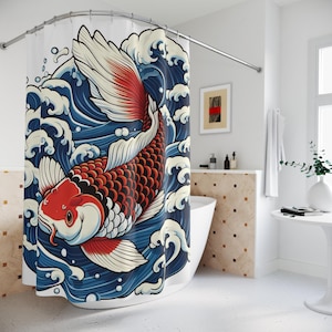 Koi Shower Curtain Japanese Ukiyo-e Style Art Koi Home Decor Japanese Retro Vintage Bathroom Decorative Fabric Curtain with Asian Design