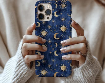 Fundas magnéticas resistentes azules celestiales para iPhone 17, 16, 15 y 14. Elegante funda MagSafe con diseño de sol, luna y estrellas para iPhone 17.