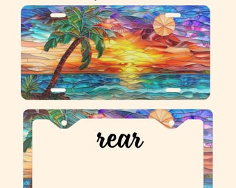Cornice per targa in metallo con vetrate colorate sulla spiaggia tropicale, decorazione per auto, amante della natura, spiaggia, oceano, nuovi accessori per auto, regalo per lei