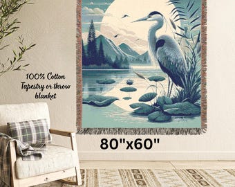 Great Blue Heron 100% Cotton Woven Blanket Cozy Coastal Wildlife Throw Home Decor Outdoor Lover Gift for Nature Lover