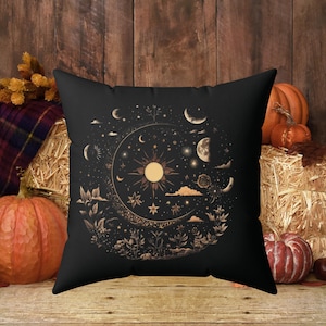 Celestial Moon Throw Pillow Cozy Faux Suede Boho Cushion Moon Phase Sun Moon Cosmic Art Deco Art Nouveau Home Decor Retro gift her