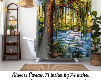 Cortina de ducha con diseño de sauce y vitrales, ideal como decoración para el hogar o el baño.